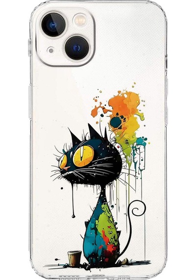 Apple Uyumlu iPhone 13 İle  Splash Kedi Tasarımlı Kamera Korumalı Şeffaf Silikon Kılıf 051e