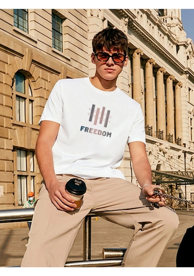 Unisex Oversize Freedom Baskılı Bisiklet Yaka Beyaz T-shirt Beyaz