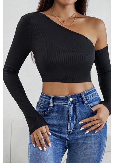 Moda Dua Kadın Siyah Tek Omuz Detaylı Uzun Kol Crop Top Bluz