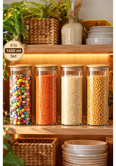 Porsima 3-4 Bambu Borosilikat Vakumlu Kapaklı Yuvarlak Cam 4lü Kavanoz Seti Saklama Kabı 1650ml 10x25cm