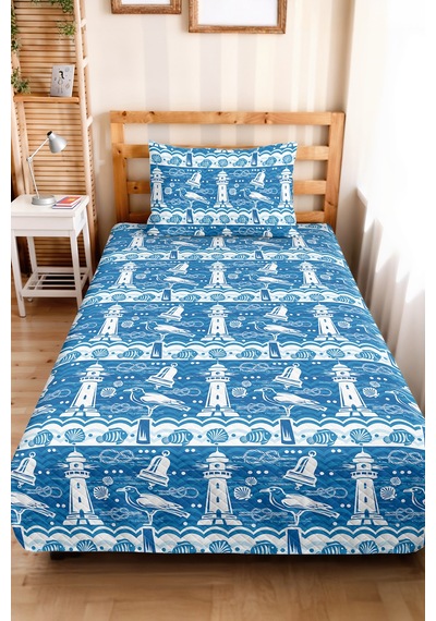 Mavi Deniz Feneri Marine Genç Odası Tek Kişilik Pike Takımı-nautical 160x220cm Kapitone Yatak Örtüsü Eski Perde Ufku