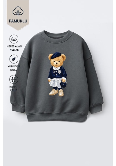 Monila Kız Çocuk 3 İplik Kumaş Pamuklu Ayıcık Baskılı Sweatshirt Antrasit Monila Kız Çocuk 3 İplik Kumaş Pamuklu Ayıcık Baskılı Sweatshirt Antrasit