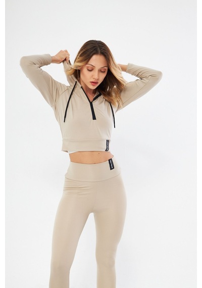 Lesa Wear Kapüşonlu Içi Polarlı Yumuşacık Şardonlu Kaşkorse Crop Likra Sweatshirt BEJ