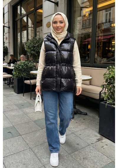 Hb Harma Time Butik Kadın Fermuarlı Cepli Parlak Şişme Siyah Yelek