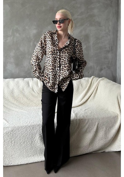 Madmext Bej Leopar Desen Kadın Gömlek Mg2296 Bej