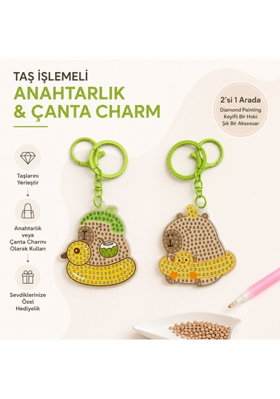 5d Elmas Taş İşlemeli Anahtarlık & Çanta Charmı 2'li Set 5x6 Cm Diamond Painting Keychain & Bag Charm Bkbt17857