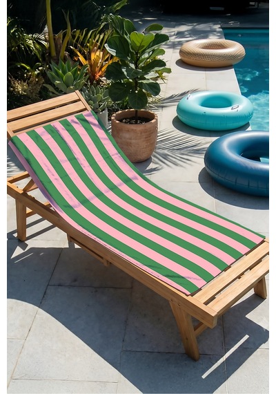Çizgili Retro Çift Çizgili Plaj Havlusu - Modern Pembe Yeşil Hızlı Kuruyan Mikrofiber Havlu Yumuşak Dalgası