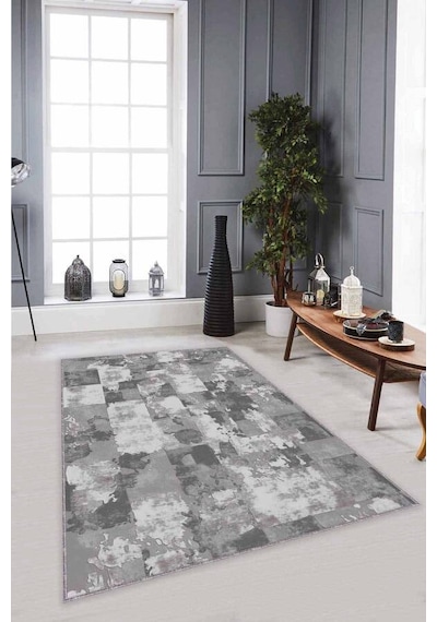 Gri Vintage Kaymaz Tabanlı Makinede Yıkanabilir Halı Su05n11