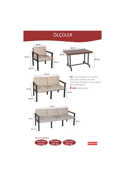 Neokas Metal Bahçe Takımı, 2 + 3 + M Balkon Seti, Kafe Koltuğu, Bekleme Alanı Koltuğu,
