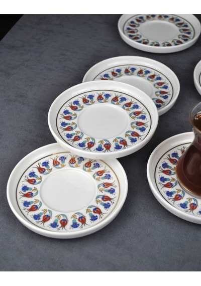 6'lı Porselen Çay Tabağı Yaldızlı Lale Motifli Gold Çay Tabak Çini Desen-tuna Lacivert