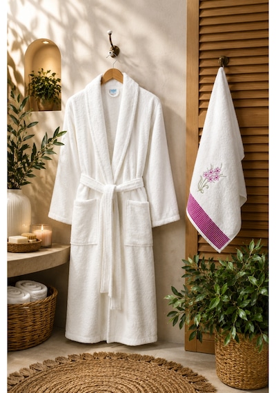 Havlulu Bornoz 2'li Set Bornoz + 50 X 85 Cm Baş Havlusu, Pamuklu, Cepli, Spa Ve Otel Konforu Krem Kadın