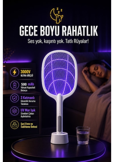 7/24 Şarjlı Elektrikli Sinek Raketi Standlı Sivrisinek Haşere Öldürücü Sineklik Haşere Aleti Z103