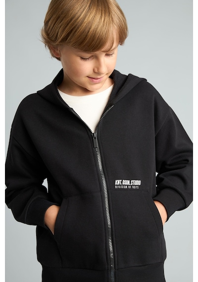 Defacto Baskılı Kapüşonlu Fermuarlı Cepli Sweatshirt Hırka Erkek Çocuk H9681a826wnbk81 Siyah-bk81