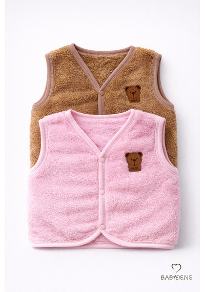 Babyden's 2 Li Welsoft Yelek Seti Kız Bebek Çocuk Ayıcık Armalı Peluş Yumuşak Kışlık Yelek Pembe - Kahverengi