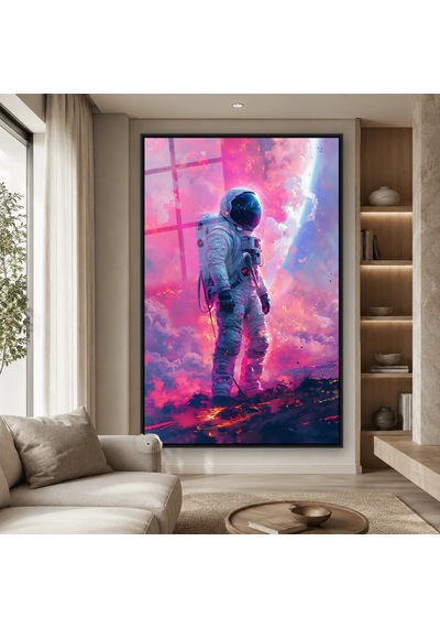 Pembe Bulutlarda Yürüyen Astronot Siyah Çerçeveli Cam Tablo