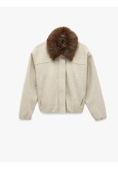 Koton Uzun Kollu Cepli Çıkarılabilir Suni Kürk Yaka Kaşe Crop Bomber Ceket Vızon Melanj 6wak20483ew Vizon