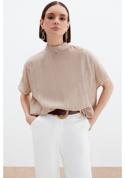 Sateen Desenli Salaş Bluz - Bej-136031 Bej