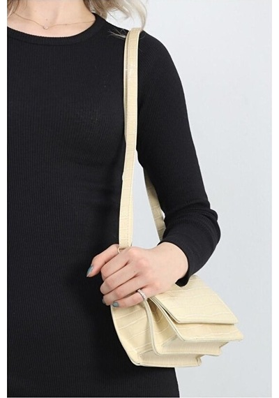 Lovelystore Kroko Desenli 3 Gözlü Günlük Kadın Mini El & Omuz Çantası 24x12 Krem