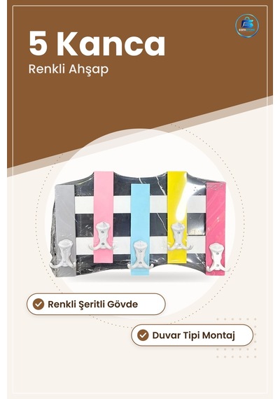 Askılık Renkli Ahşap Duvar Tipi 5 Kancalı Antre Hol Kıyafet Asma Çok Renkli