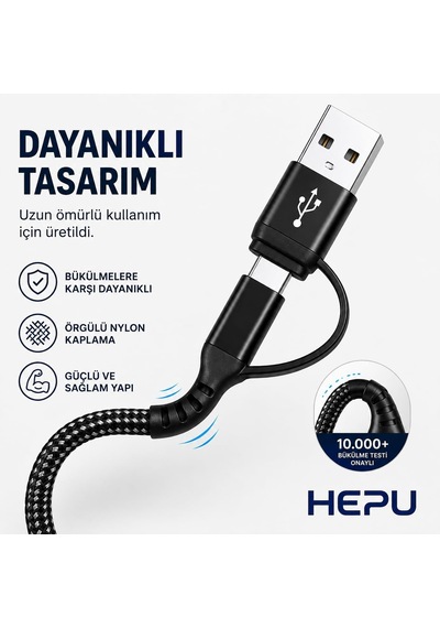 Hp-13 3in1 Çoklu Hızlı Şarj Kablosu Lightning Type-c & Micro Usb Çıkışlı Örgülü Kumaş Kablo Ev Araç Ve Ofis Uyumlu 1.2 Metre