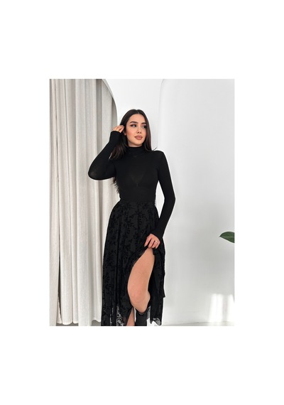 Winmoda34 Kadın Beli Lastikli Tül Baskılı Etek İçi Astarlı Asimetrik Kesim Siyah