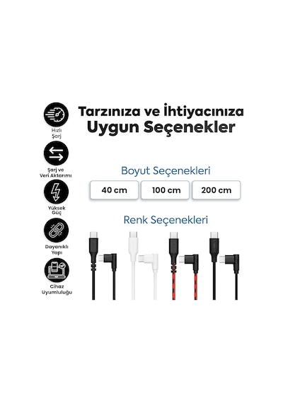 Type-c To Type-c İle Uyumlu İphone Ve Samsung İle Uyumlu Hızlı Şarj Ve Data Kablosu 40 Cm L Tip Standart