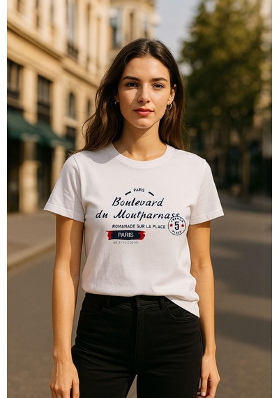 Markapia Kadın Bisiklet Yaka Baskılı T-shirt Beyaz