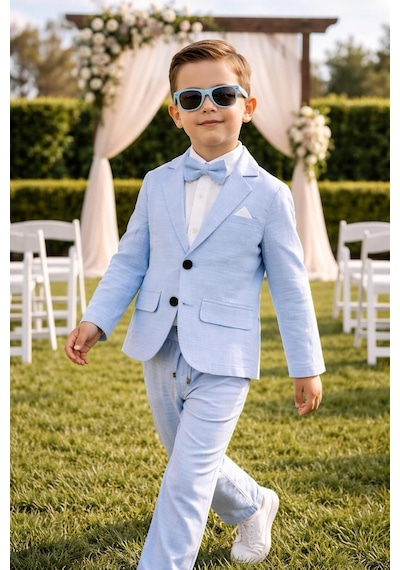 Baby Kids Colors Erkek Çocuk Flamlı Keten Salaş Ceketli Takım Elbise / Gömlek Pantolon Ceket Papyon Keten Takım Mavi