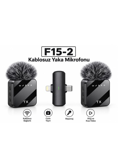 F15-2 Kablosuz Çift Yaka Mikrofonu Kablosuz Bağlantı Kıskaçlı Canlı Yayın Röportaj Vlog 20 Metre Menzil Net Ses Yğksek Hassasiyet Type-c Ve Lightning Uyumlu 48 Saat Pil Ömrü