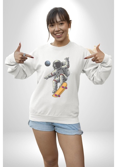 Atronot Kaykay Uzay Mars Unisex Beyaz Baskılı Sweatshirt Beyaz