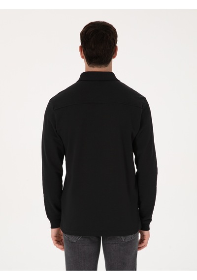 Siyah Regular Fit %100 Pamuk 3 İplik Polo Yaka Sweatshirt
