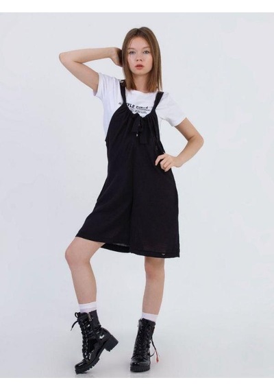 Zekids Kız Çocuk Askılı Kısa Tshirt İle Takım Keten Tulum-13784 Siyah