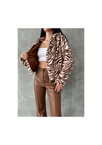 Verymoda Leopar Baskılı Peluş Mont F1654 Taba Zebra