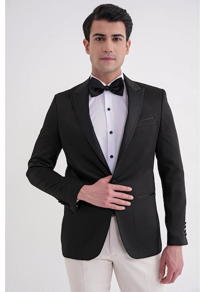 Black 035 Slim Fit Saten Yaka Çift Yırtmaçlı Tek Düğmeli Siyah Damatlık Smokin Ceket Siyah