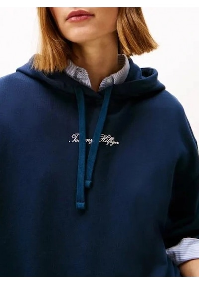 Tommy Hilfiger Klasik Yazı Baskılı Penye Kapüşonlu Kadın Kazak Ww0ww48270c1g Mavi