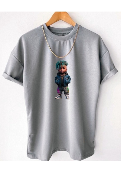 Flood Of Style Erkek Gri Rapçı Oversize Bisiklet Yaka Tshirt