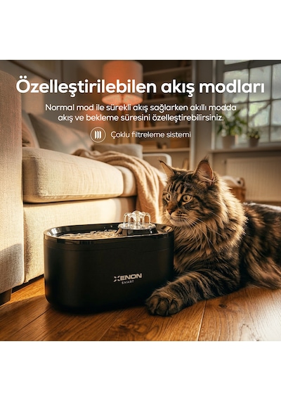 Xenon Smart Akıllı Otomatik Kedi Su Şelalesi Led Işıklı Ultra Sessiz Siyah Su Pınarı X8650 Siyah