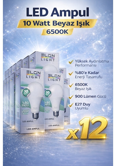 Led Ampul 10 Watt Beyaz Işık 6500k Yüksek Aydınlatma E27 Duy Enerji Tasarruflu 12 Adet