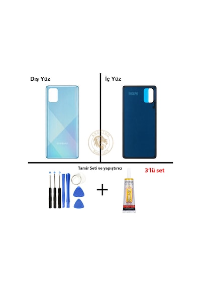 Samsung Galaxy Uyumlu A71 Mavi  Arka Kapak + Yapıştırıcı Ve Vida Seti Arka Cam Pil Kapağı Batarya Kapağı Lazer Kesim