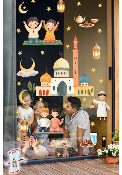 Çift Taraflı Ramazan Ayı Cam Sticker Seti Çocuklar İçin Eğitici Ramazan Pencere Süsü Ve 74 Parça Dijital Baskı
