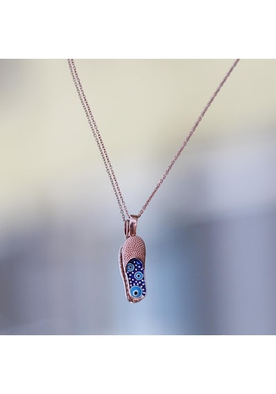 Nazar Boncuklu Rose Gold Kaplama Terlik Gümüş Kolye Gümüş