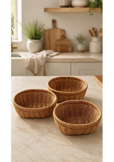 3'lü Oval Hasır Sunumluk Sepet Badya Leğen Tabak Kase - Masaüstü Organizer Rattan Sunum Meyvelik - Ekstra Kaliteli Çelik Rattan