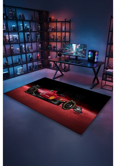 Formula 1 Kırmızı Yarış Arabası Halı Kaymaz Taban Yıkanabilir Salon Halısı F1.10