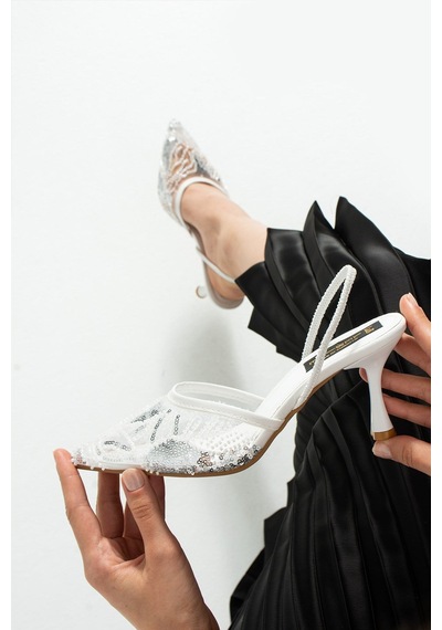 Lebibe Shoes Perıe Beyaz Kadın 7 Cm Topuklu Pullu Payetli Bantlı Abiye Gelin Düğün Ayakkabısı Terliği