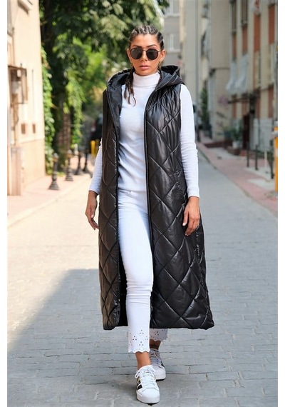 Veraura Lifestyle Siyah Kapüşonlu Cepli Baklava Desen Uzun Şişme Yelek
