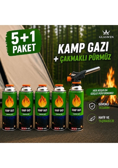 5+1 Çakmaklı Pürmüz Yedek Kartuşu Kamp Gazı 400 Ml Piknik Kamp Mangal Mutfak Ateş Tutuşturucu Yeşil