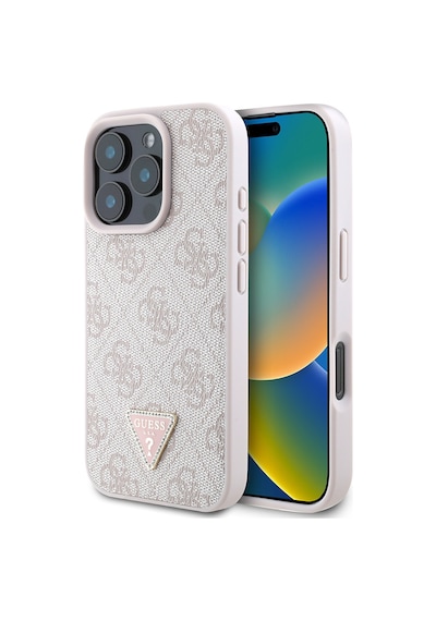 Apple Uyumlu iPhone 16 Pro Max Kılıf Guess Lisanslı Pu Deri Taşlı Üçgen Logo 4g Desenli Strass Kapak Pembe