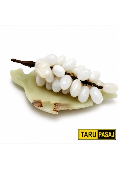 Doğal Oniks Taş Yaprak Tabak & 30 Taneli Üzüm Salkımı Feng Shui Dekor Objesi Beyaz