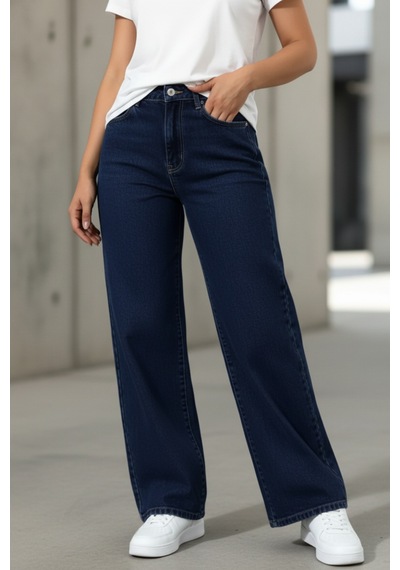 Woddi Nova Kadın Yüksek Bel Lacivert Salaş Jeans Wide Leg Geniş Paça Palazzo Kot Pantolon