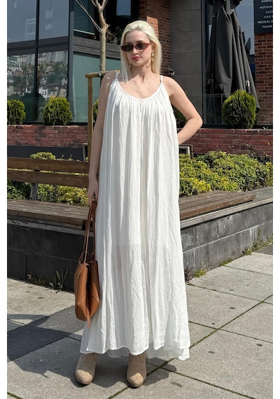 Madmext Beyaz Halter Yaka Askılı Uzun Basic Kadın Elbise Mg2163 Beyaz